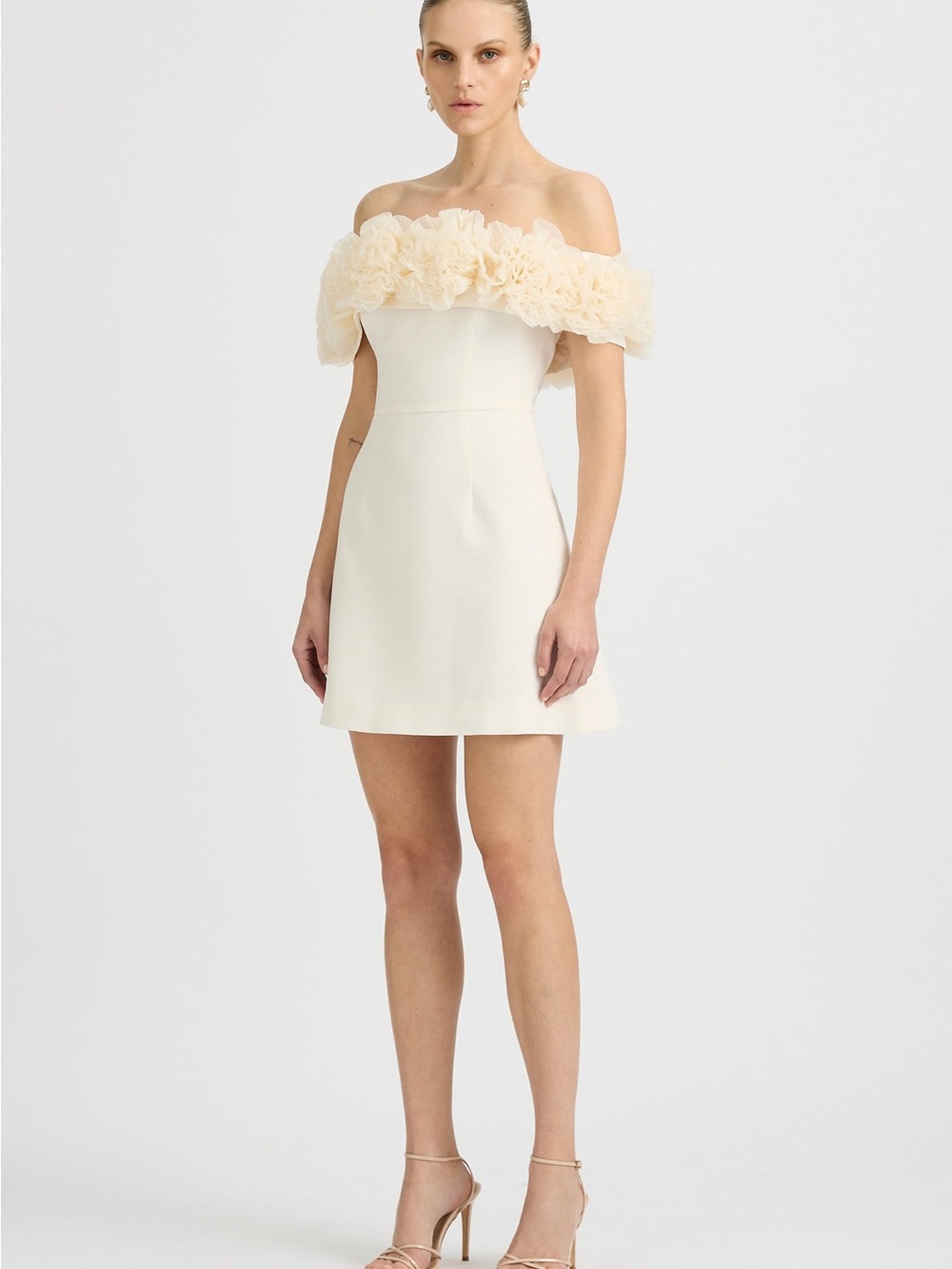 Off-Shoulder Cream Mini Dress with Floral Ruffle